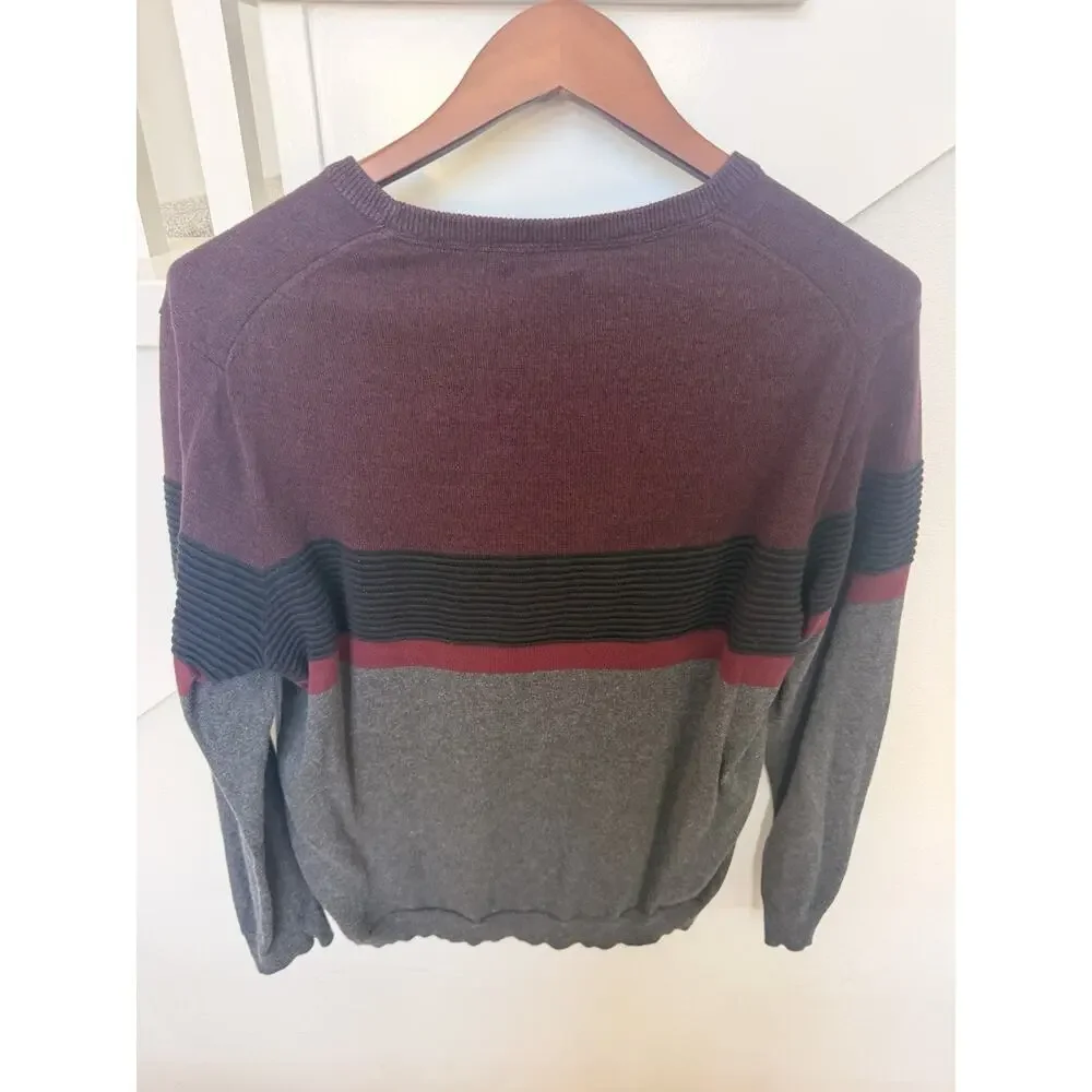Alfani Men's Burgundy Gray Striped Knit Crew Neck Pullover Sweater Ribbed L